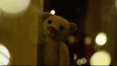 Little Yellow Bear peers around the corner