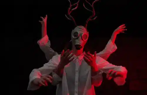 Two circus performers - person in the front is wearing a face mask, behind them we can only see two arms moving and coming out of their back.