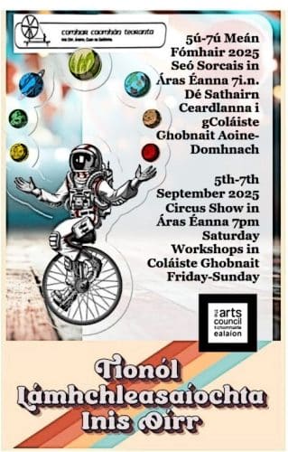 Inisheer Juggling Convention poster. Poster of an astronaut on a unicycle juggling planets. Dates fifth to seventh of September 2025.