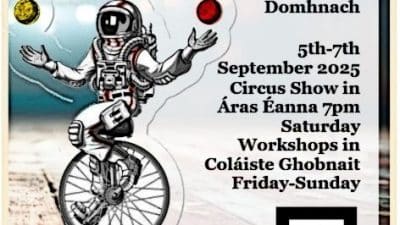 Inisheer Juggling Convention poster. Poster of an astronaut on a unicycle juggling planets. Dates fifth to seventh of September 2025.