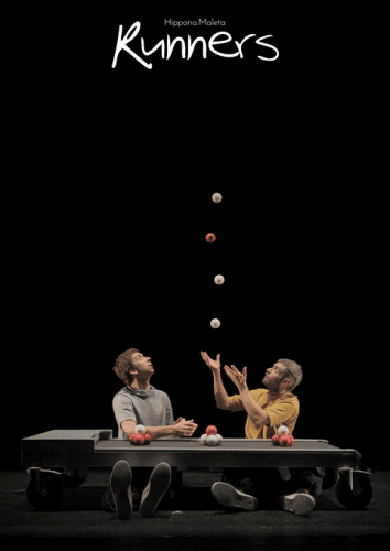 Two male performers juggling balls on a rolling platform against a black background, part of a contemporary circus act